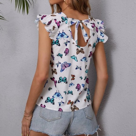 Butterfly Print Tie Back Butterfly Sleeve Blouse white - Picture 2 of 6
